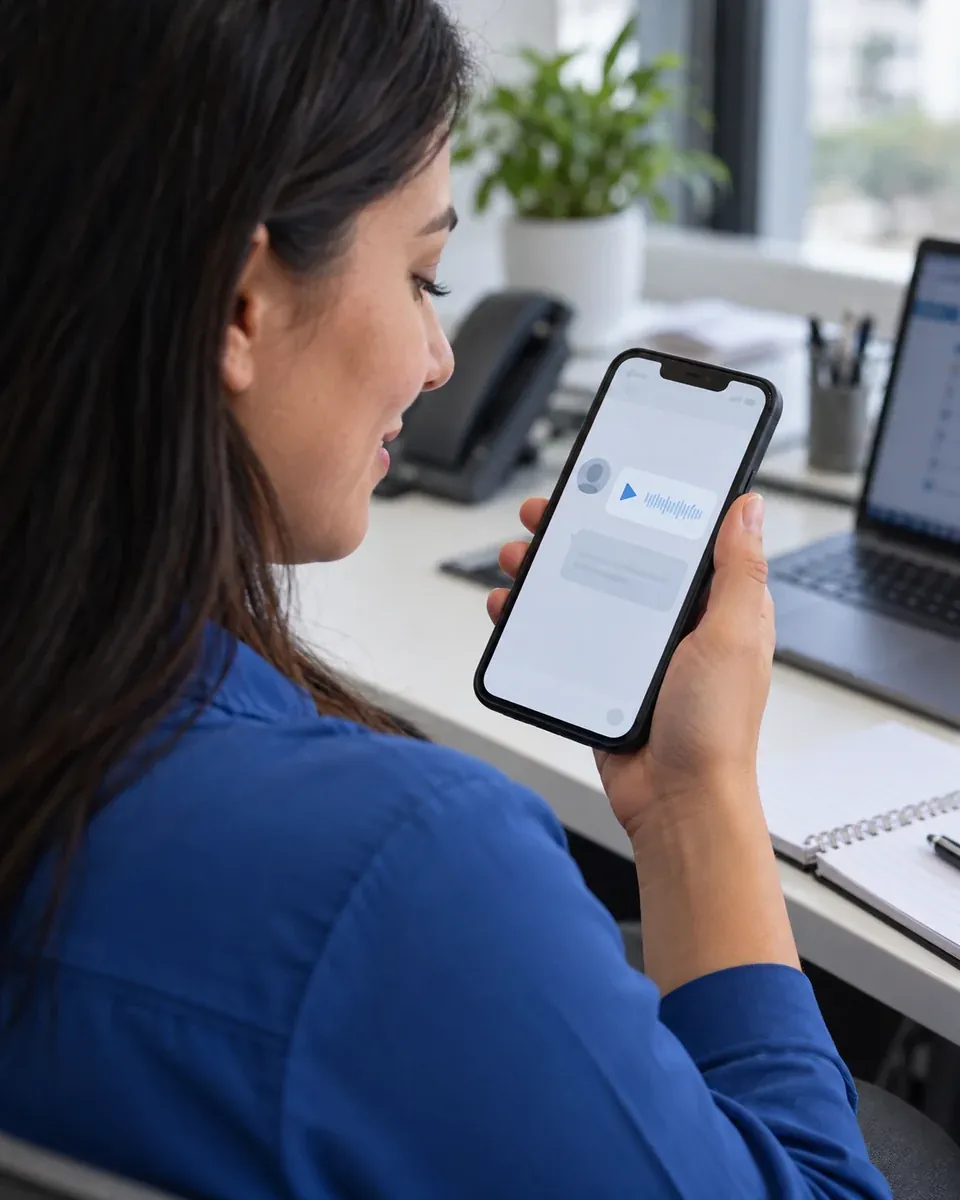 Atendente segura o celular e responde pelo WhatsApp a um pedido de desentupimento