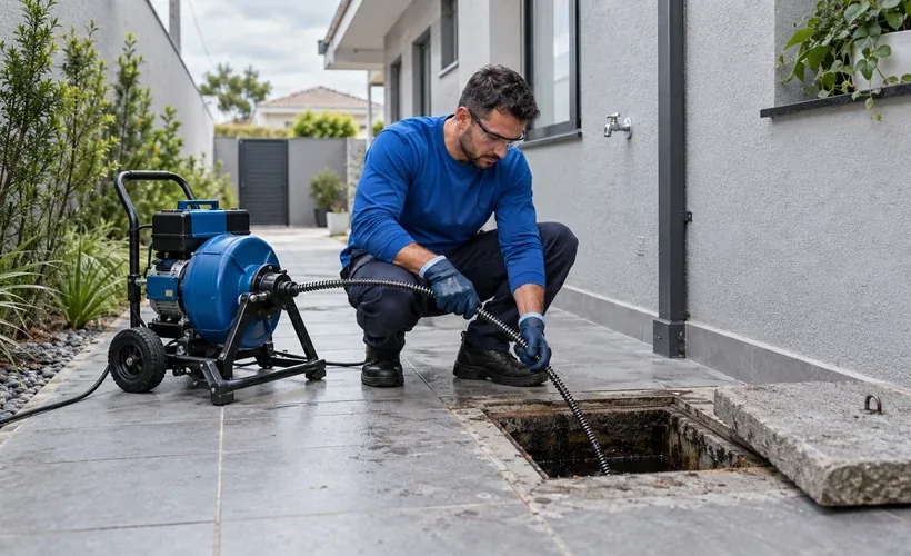 Máquina elétrica de desentupimento ligada à caixa de inspeção de esgoto no quintal de uma casa em Curitiba