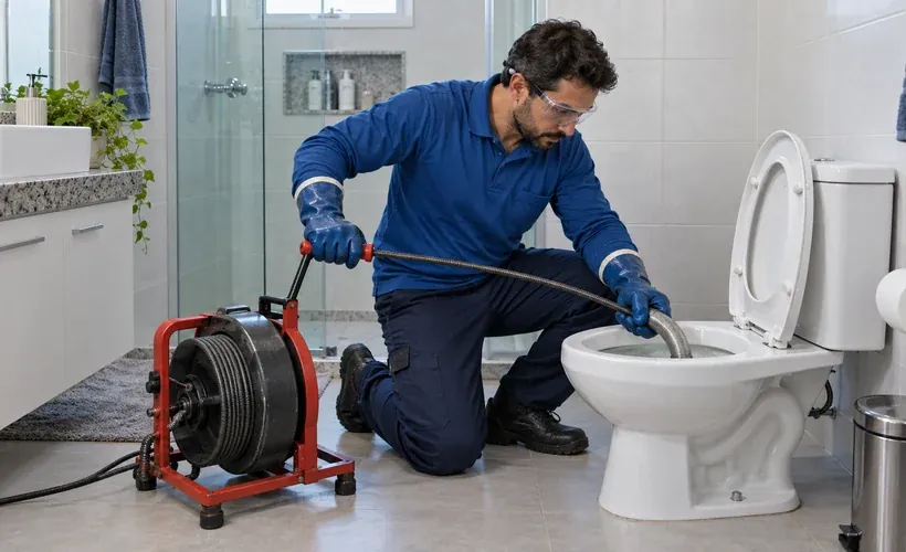 Sonda manual de desentupimento inserida no vaso sanitário de um banheiro com azulejos claros