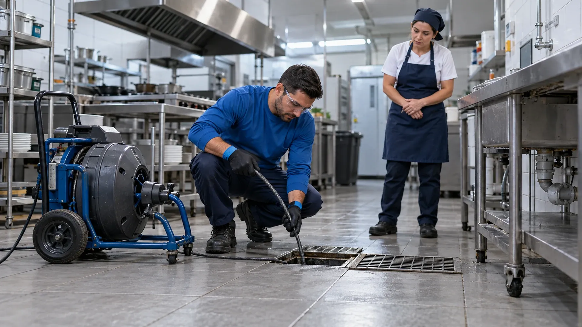 Técnico examina o ralo da área de serviço de um restaurante em Curitiba ao lado do gerente, com bancada de inox ao fundo