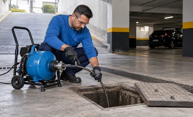 Técnico com máquina elétrica de desentupimento junto a uma caixa de inspeção de esgoto quadrada