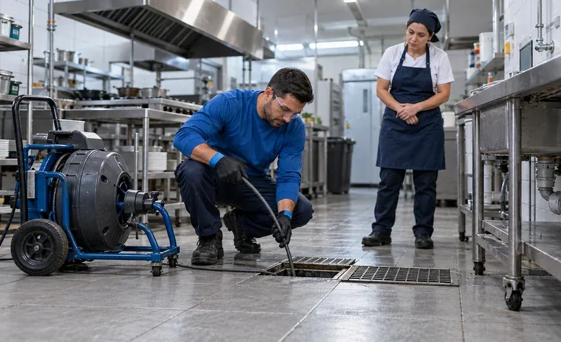 Técnico avalia o ralo da área de serviço de um restaurante com o gerente do estabelecimento