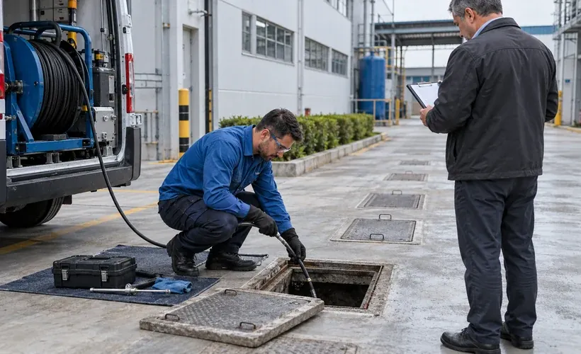 Técnico observa a caixa de inspeção aberta durante a manutenção preventiva da rede