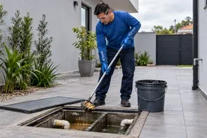 Técnico remove gordura de uma caixa de gordura retangular com concha de cabo longo