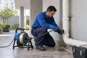 Técnico verifica o tubo de inspeção na base da coluna de esgoto de um prédio