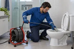 Técnico ajoelhado ao lado do vaso sanitário branco usa sonda manual para desentupir