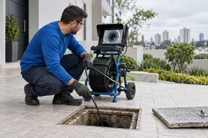 Técnico acompanha no monitor a câmera de inspeção inserida no cano de esgoto