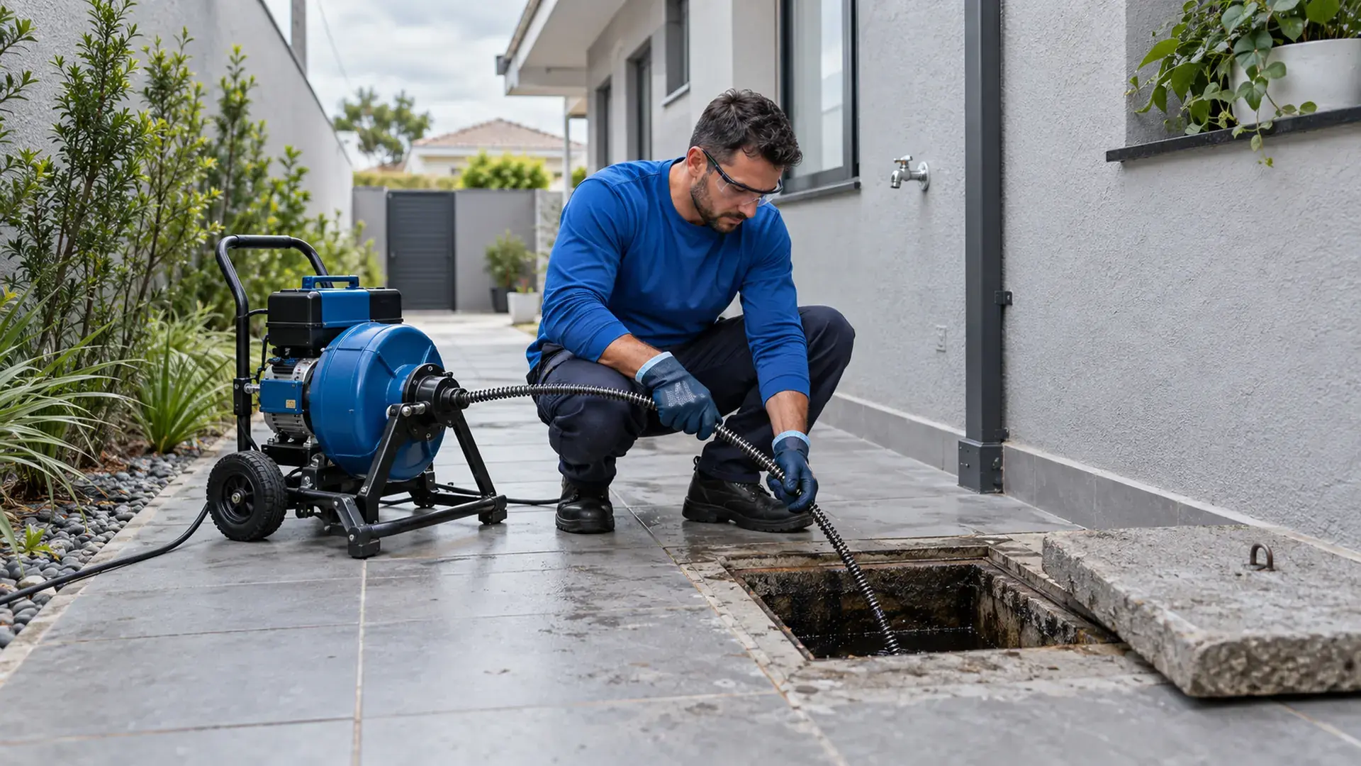 Técnico usa máquina elétrica de desentupimento na caixa de inspeção de esgoto do quintal lateral de uma casa em Curitiba