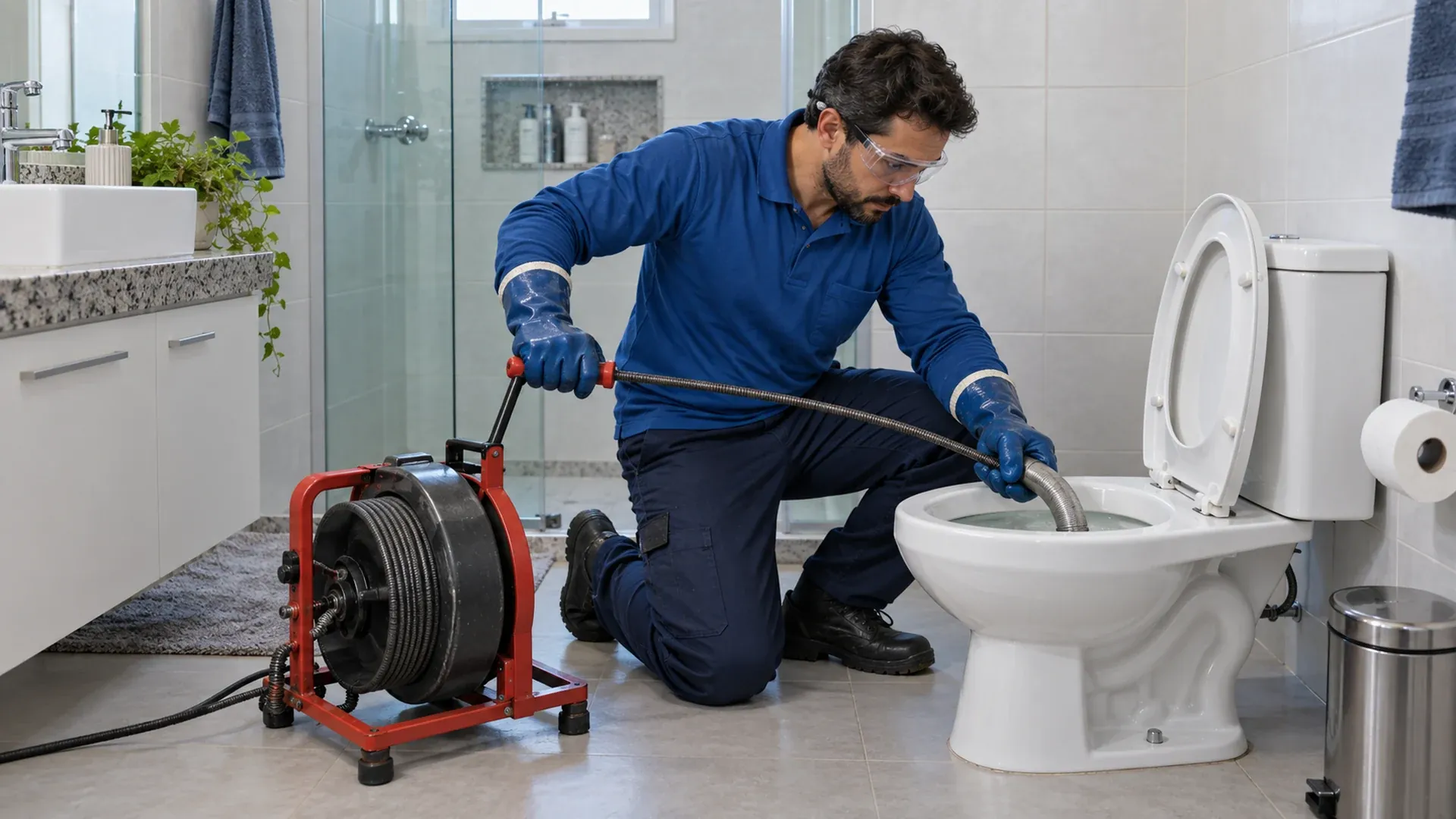 Técnico usa sonda manual para desentupir o vaso sanitário de um banheiro residencial em Curitiba